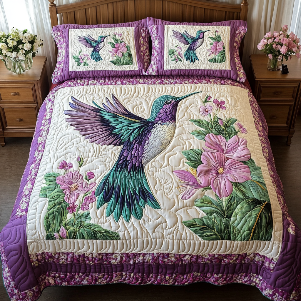Hummingbird Glow 3-Piece Quilted Bedding Set NCU0DK7391
