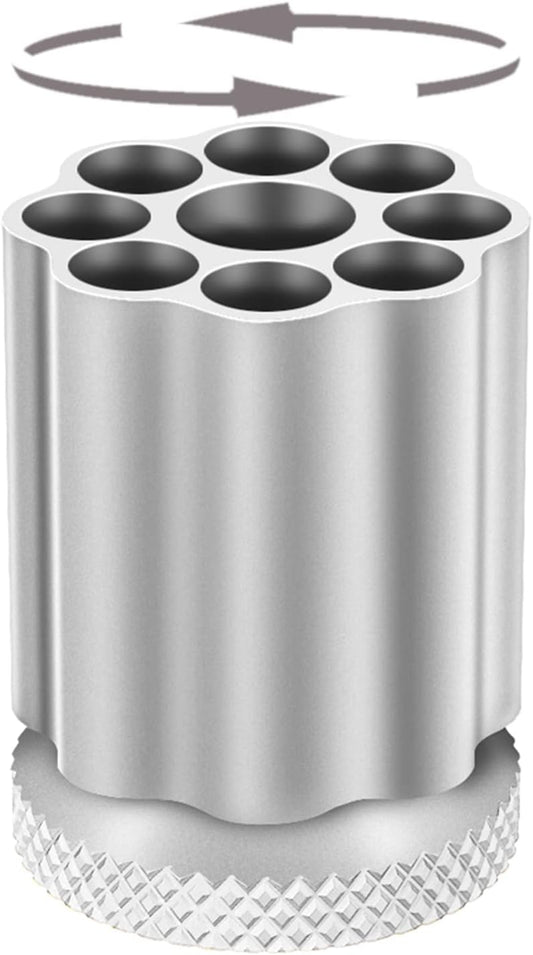 Bullet Cylinder Design Metal Pen Holder – 9-Slot Rotating Organizer – Aluminum Alloy – 2.87" Height × 2.36" Diameter – 0.44 lb